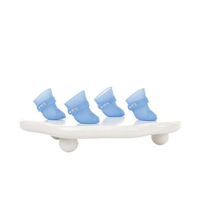 Four light-blue pull-on dog boots with M-PETS logo on cuffs