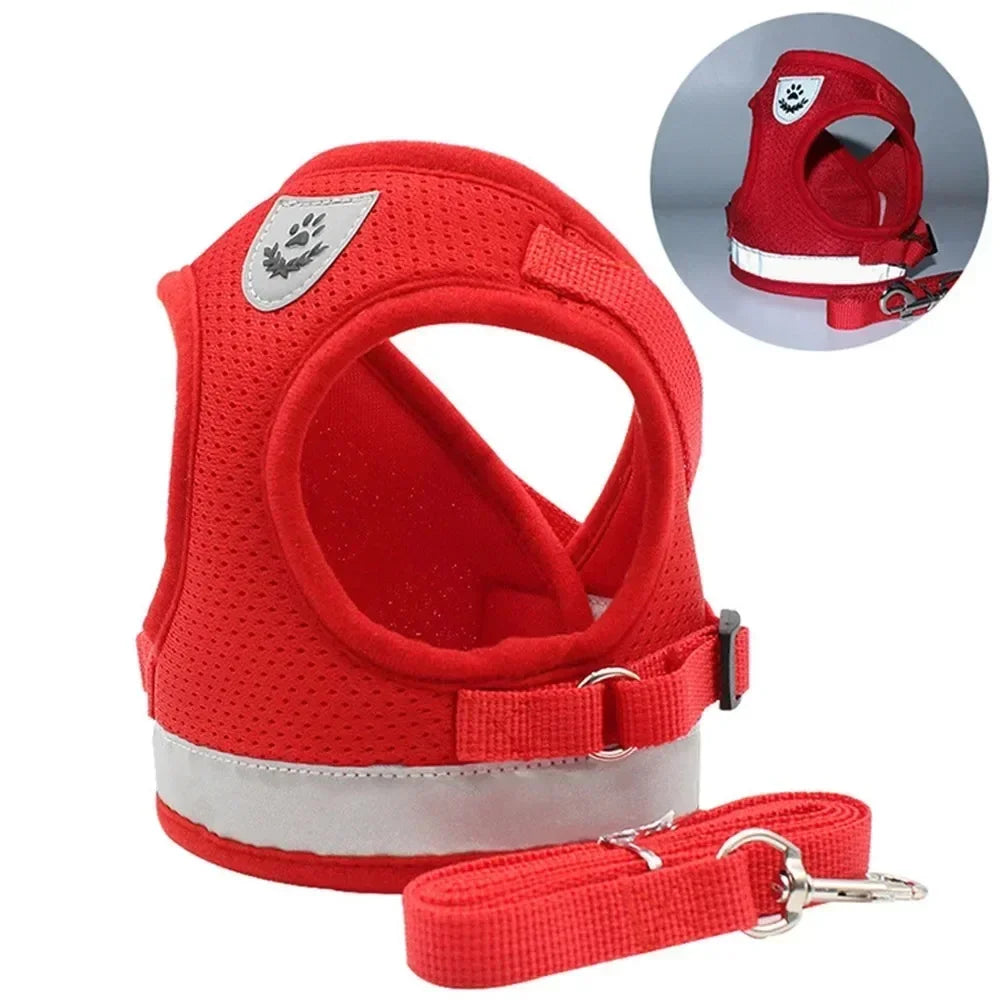 Red breathable dog harness with reflective strip and matching leash for safe walks