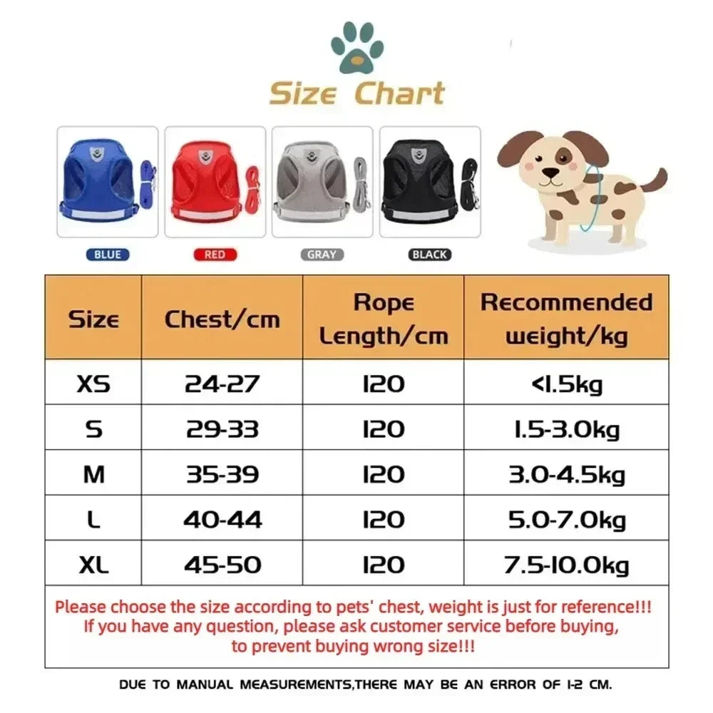 Dog harness size chart with blue, red, gray, black options and chest measurements for XS to XL sizes