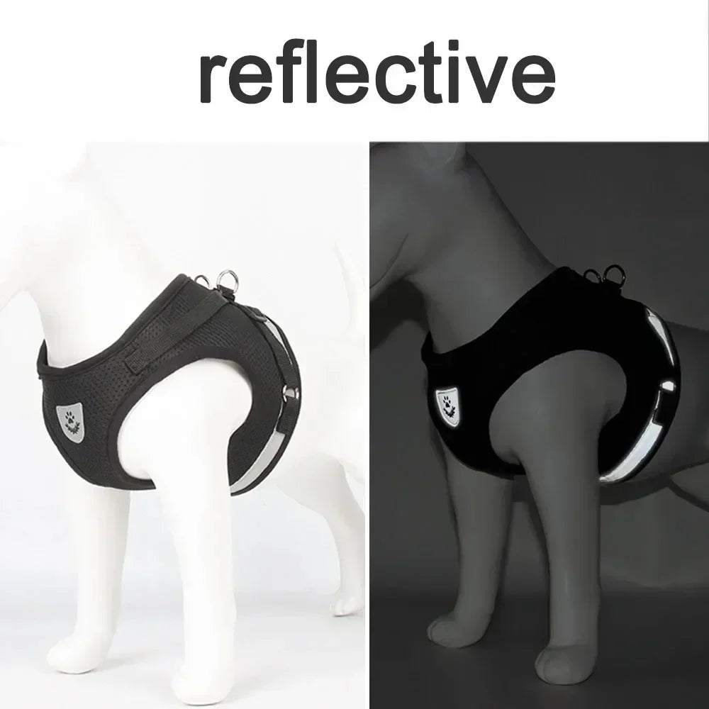 Reflective dog harness for safety, shown on mannequin in light and dark settings
