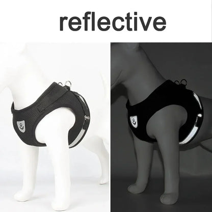 Reflective dog harness for safety, shown on mannequin in light and dark settings