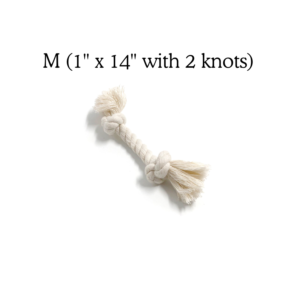 Natural cotton dog rope toy with two knots, 1" x 14" for chewing and tug play
