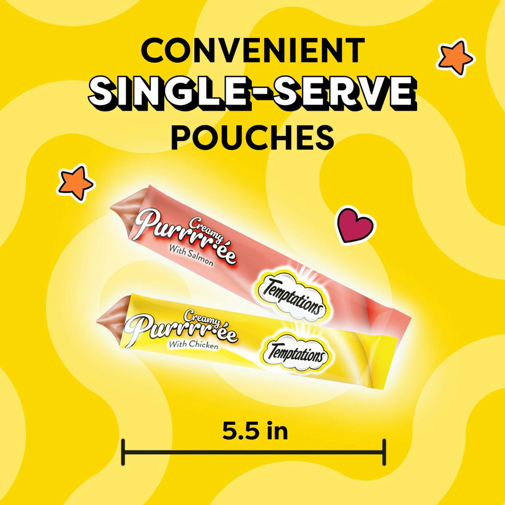 Convenient single-serve creamy puree cat treat pouches, salmon and chicken varieties