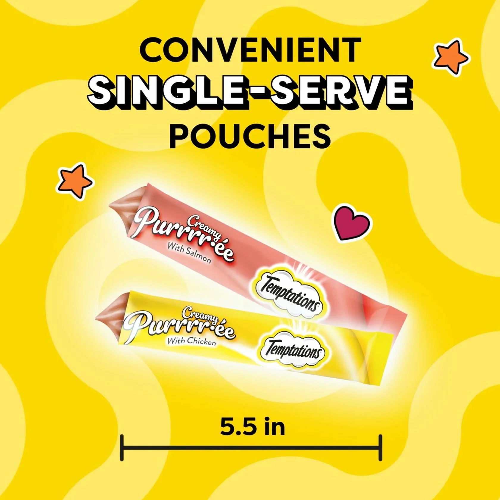 Creamy Purr-ee cat treats in single-serve pouches with salmon and chicken flavors, 5.5 inches long