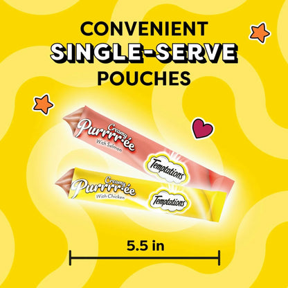 Creamy Purr-ee cat treats in single-serve pouches with salmon and chicken flavors, 5.5 inches long