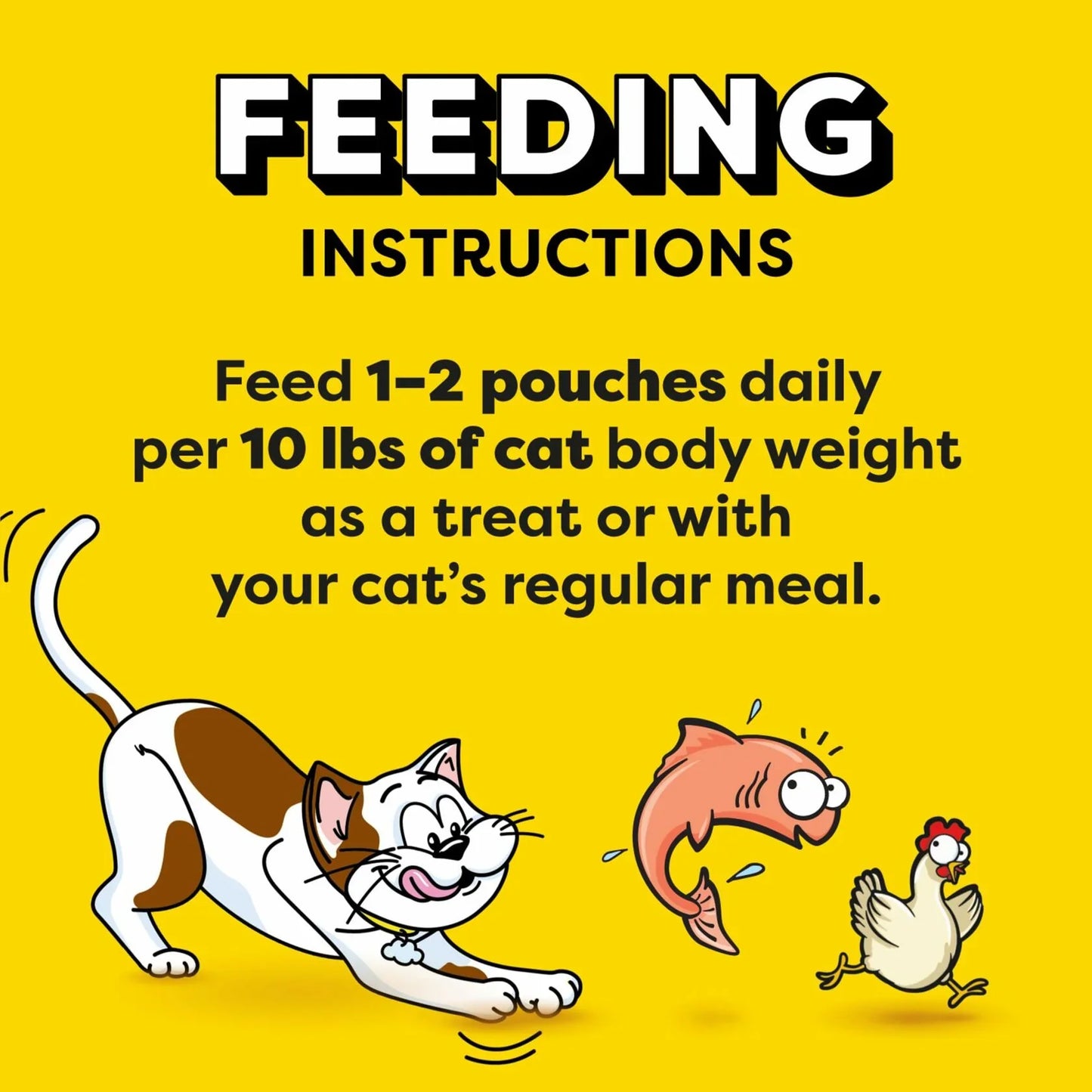 Cat feeding instructions: 1-2 pouches daily per 10 lbs body weight as treat or with meal, featuring playful cat, fish, and chicken on yellow background