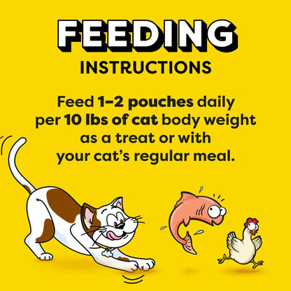 Cat feeding instructions: 1-2 pouches daily per 10 lbs body weight as treat or with meal, featuring playful cat, fish, and chicken on yellow background