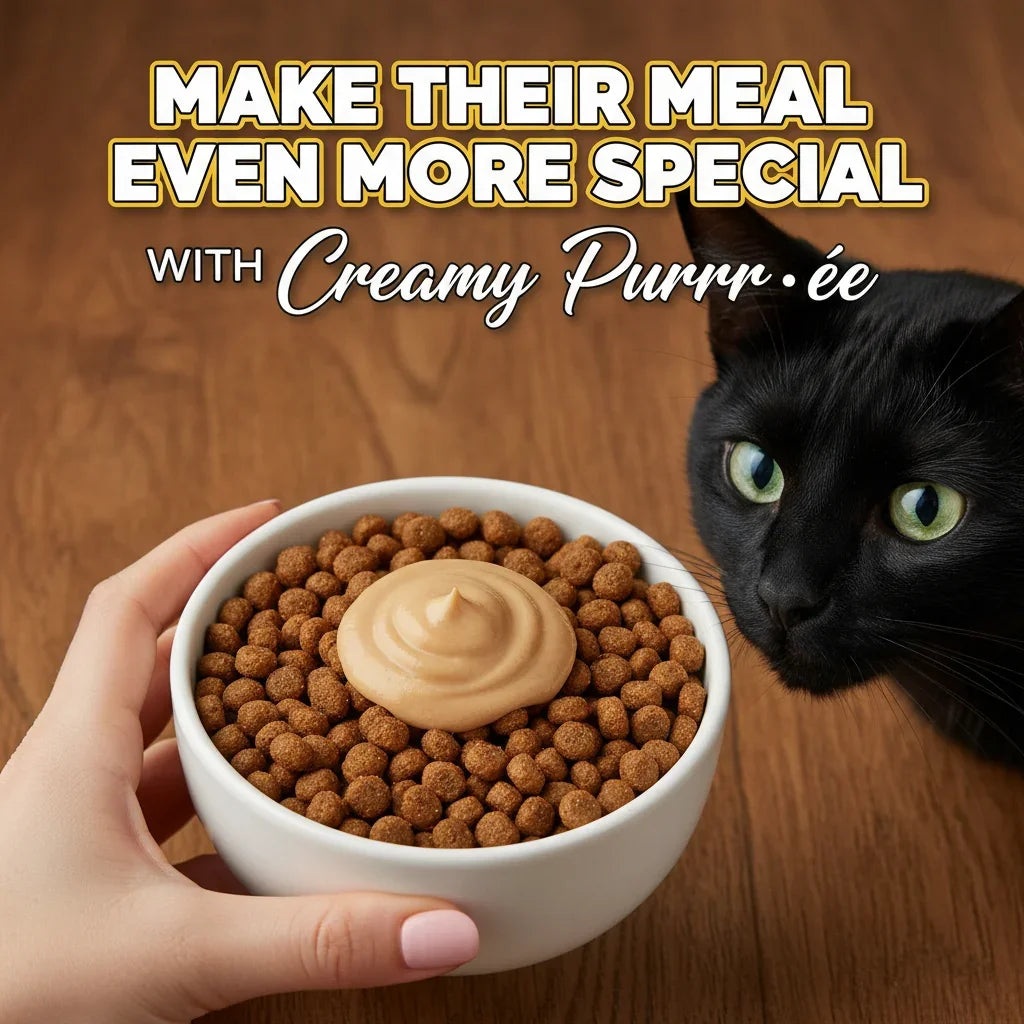 Black cat eyeing bowl of dry kibble topped with creamy cat food topper, perfect for pampered pets.