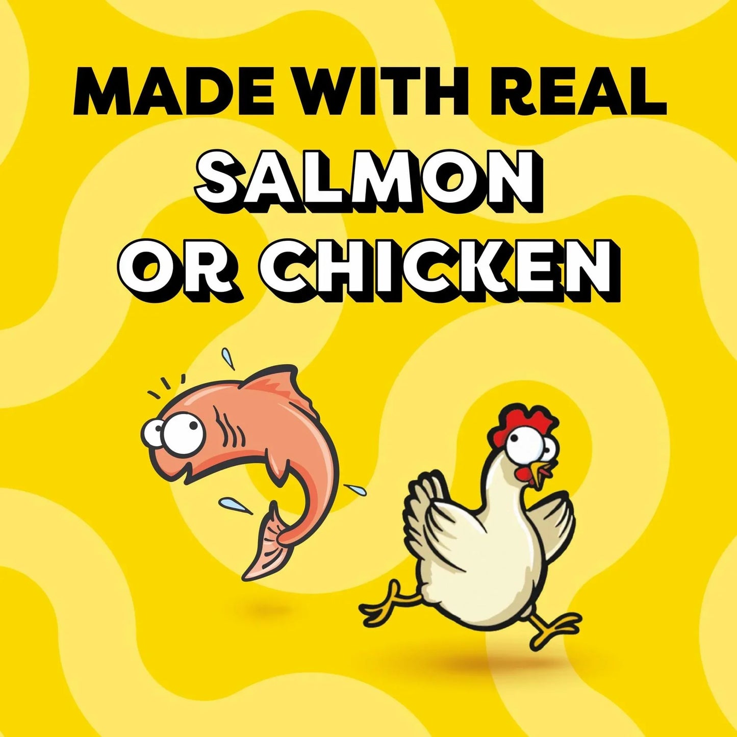 Made with real salmon or chicken for dogs and cats, featuring cartoon fish and chicken on yellow background