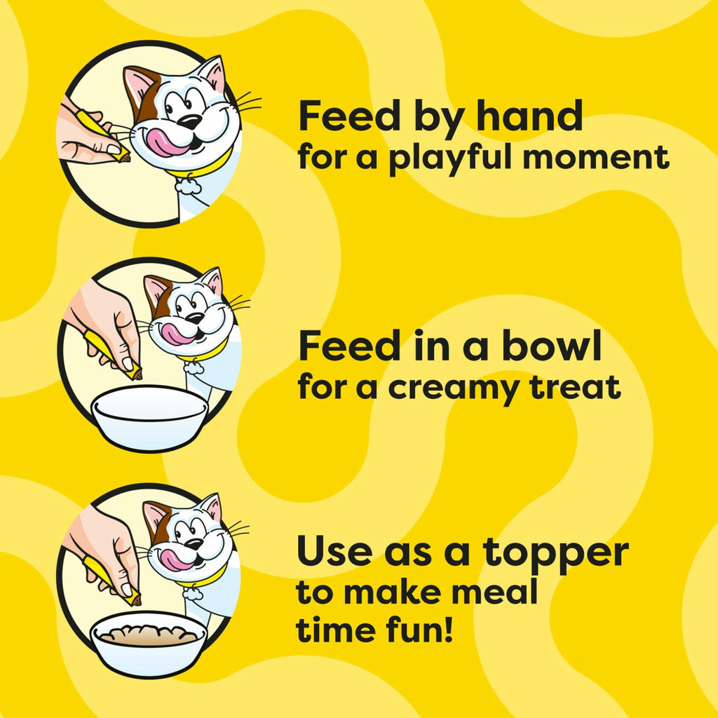 Serving ideas for creamy puree cat treat pouches: hand feed, bowl, or meal topper
