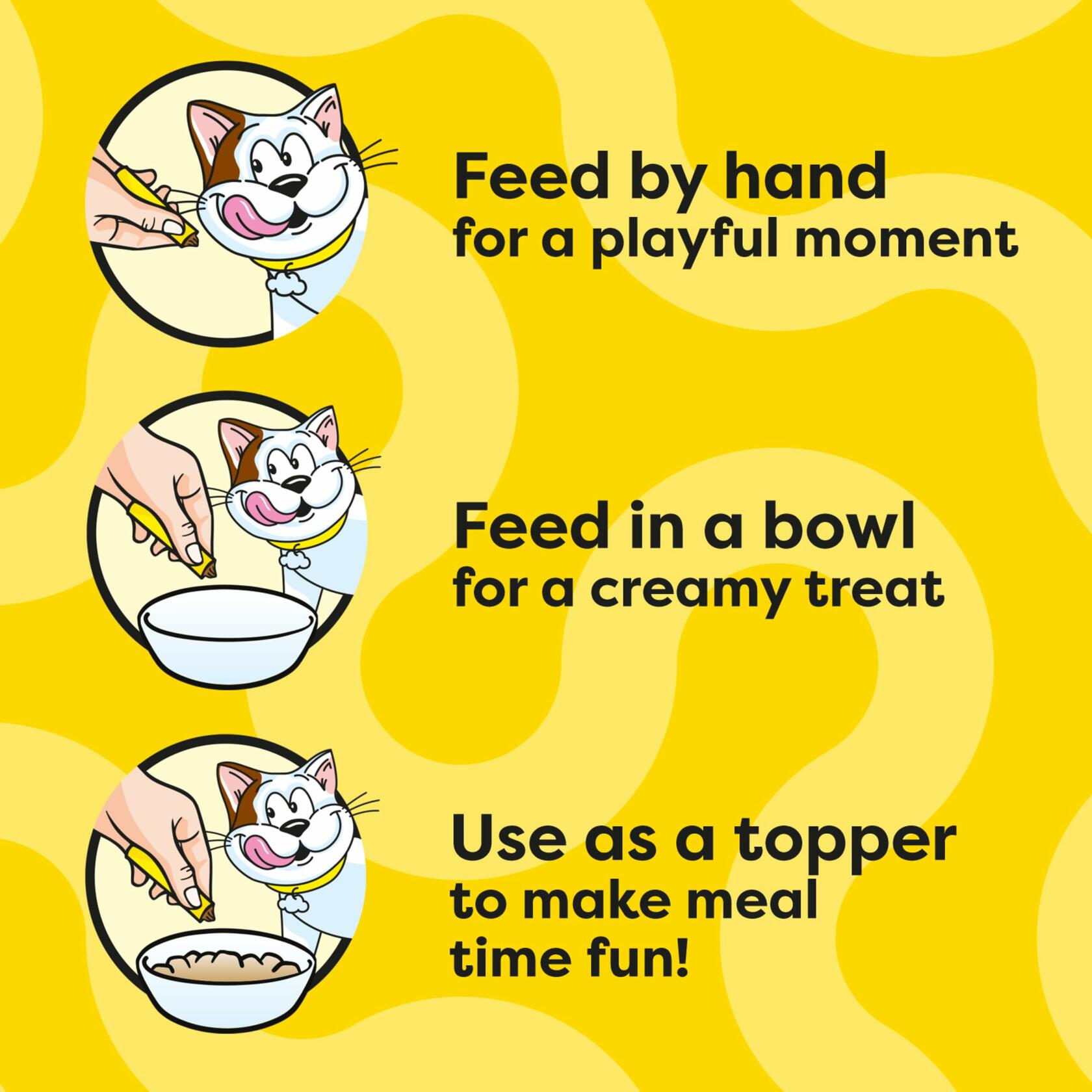 Serving ideas for creamy puree cat treat pouches: hand feed, bowl, or meal topper