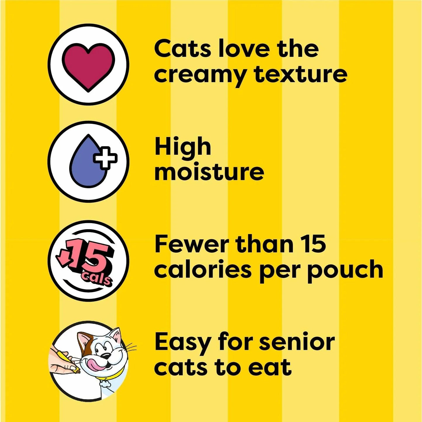 Creamy cat food with high moisture, under 15 calories per pouch, easy for senior cats to eat