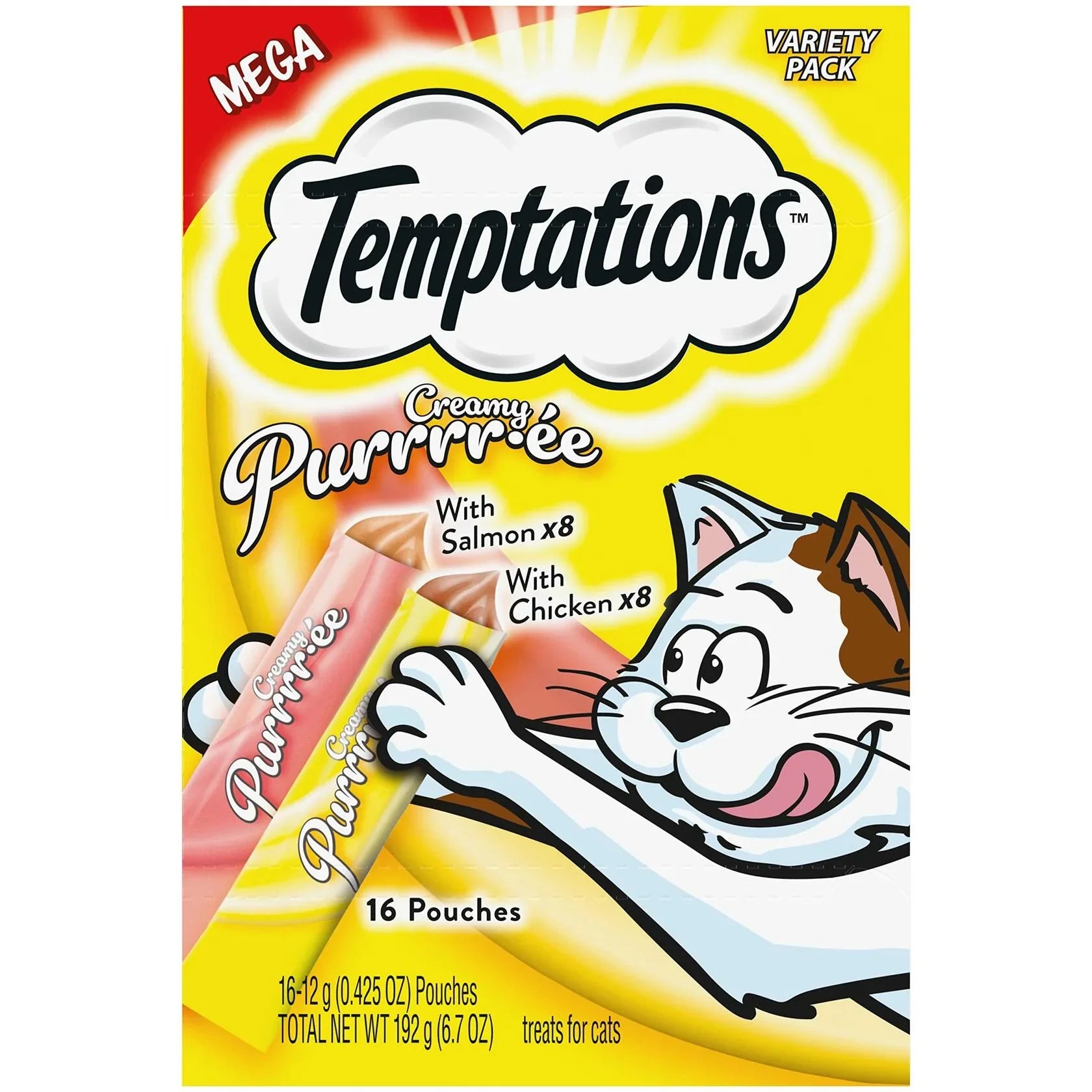 Temptations Creamy Purrrr-ee cat treats variety pack with salmon & chicken, 16 pouches for feline snacks