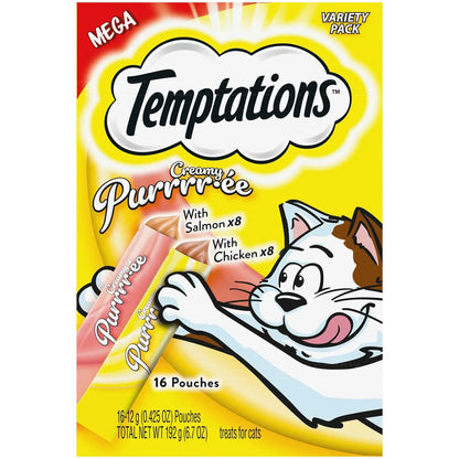 Temptations Creamy Purrrr-ee cat treats variety pack with salmon & chicken, 16 pouches for feline snacks