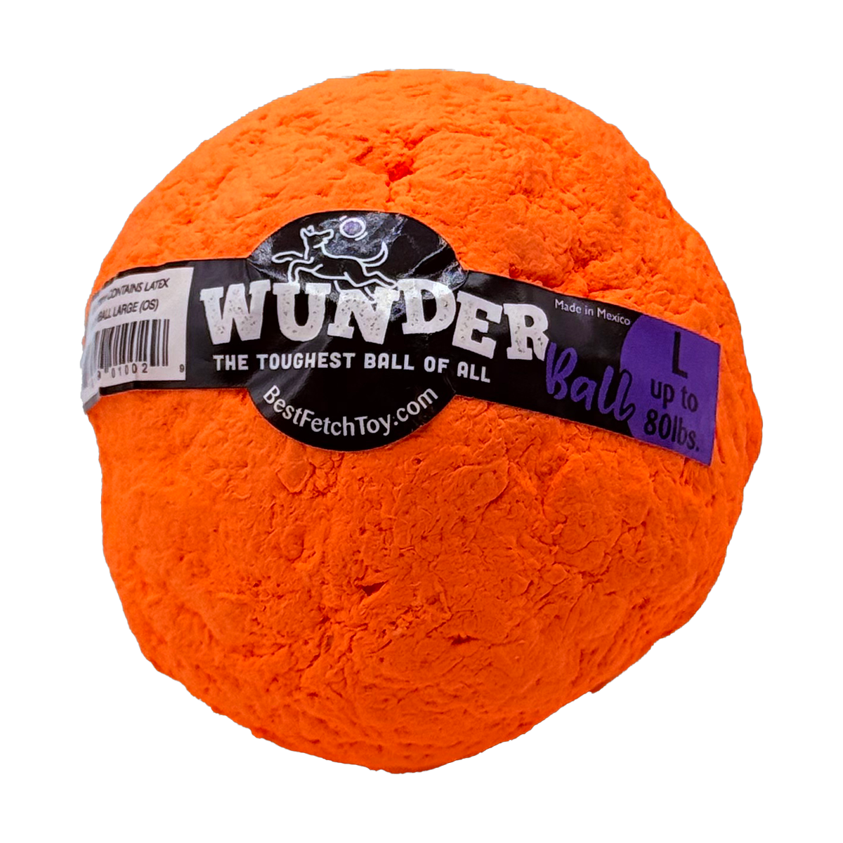 Orange plush fetch toy ball with black product label wrap