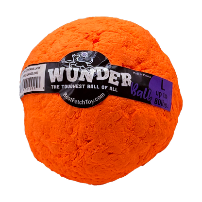 Orange plush fetch toy ball with black product label wrap