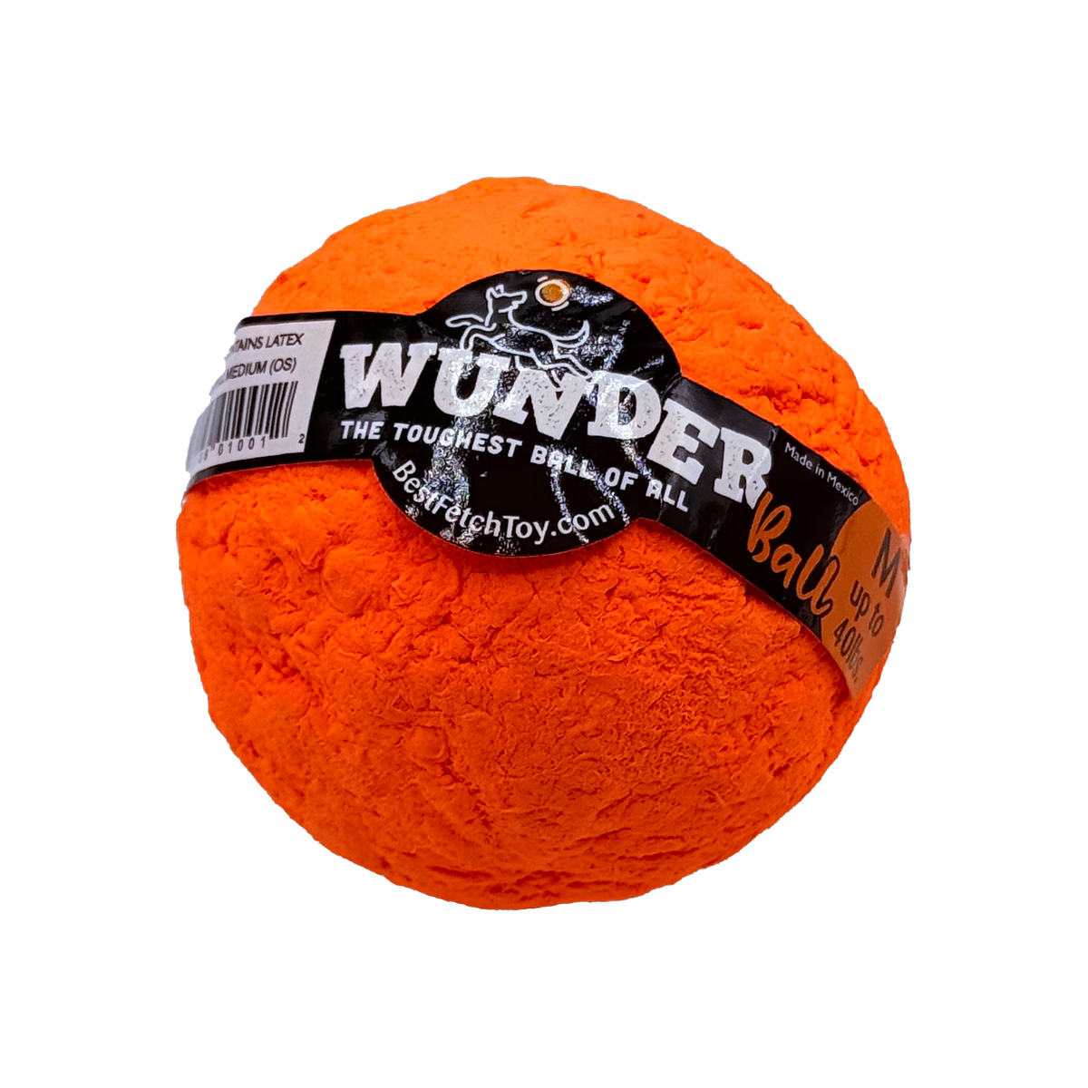 Fetch toy ball, orange textured exterior with WUNDER logo label at top