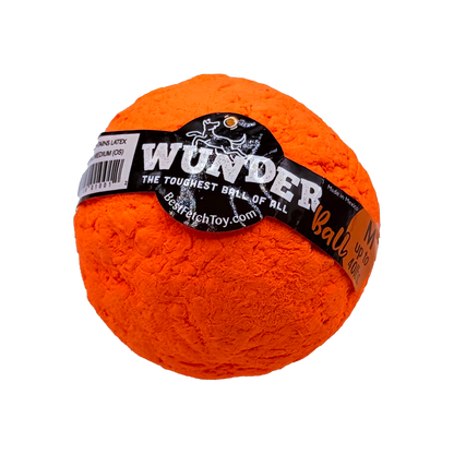 Fetch toy ball, orange textured exterior with WUNDER logo label at top