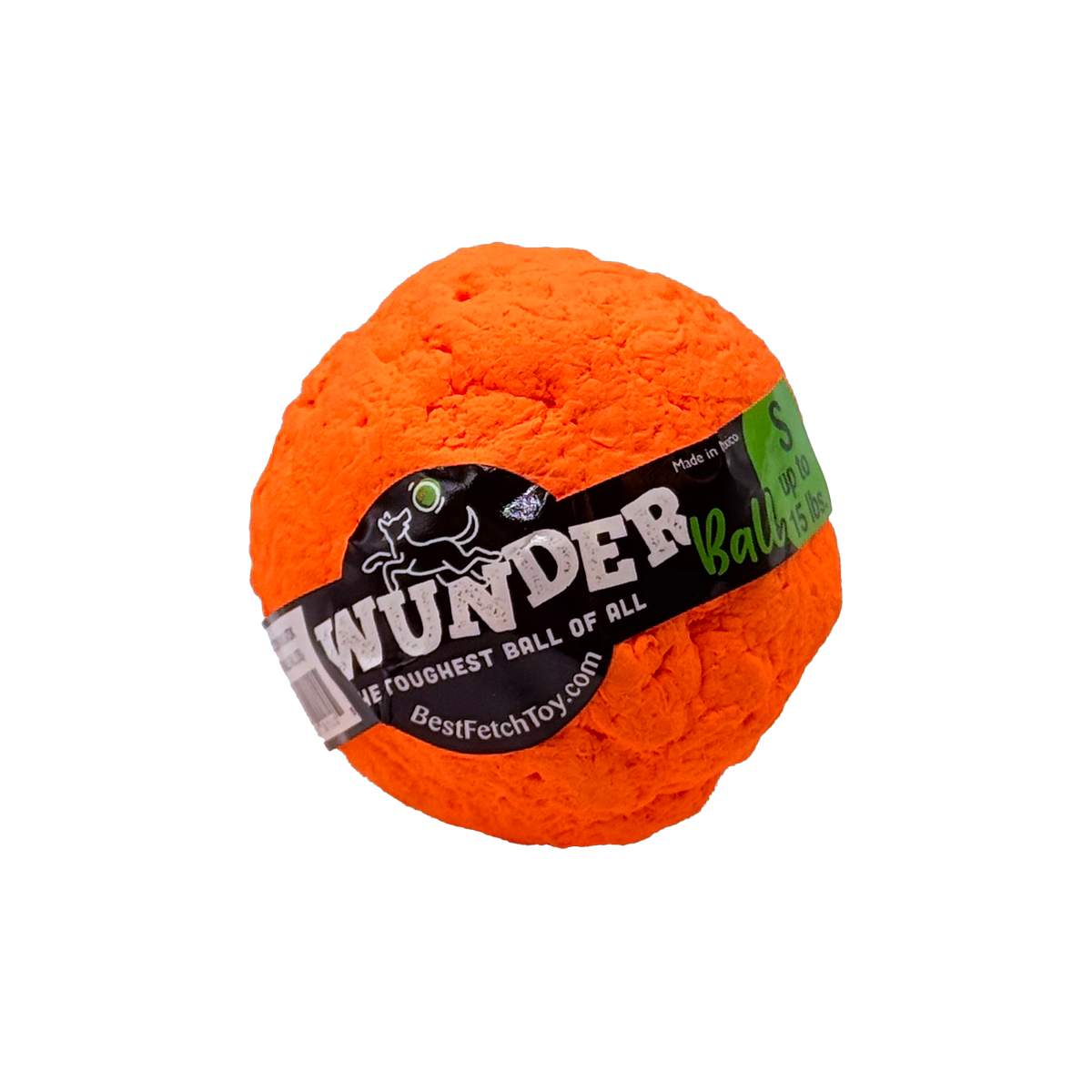 WUNDERball orange textured fetch toy ball with printed black label around center seam