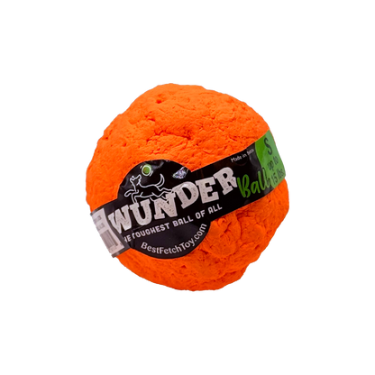 WUNDERball orange textured fetch toy ball with printed black label around center seam