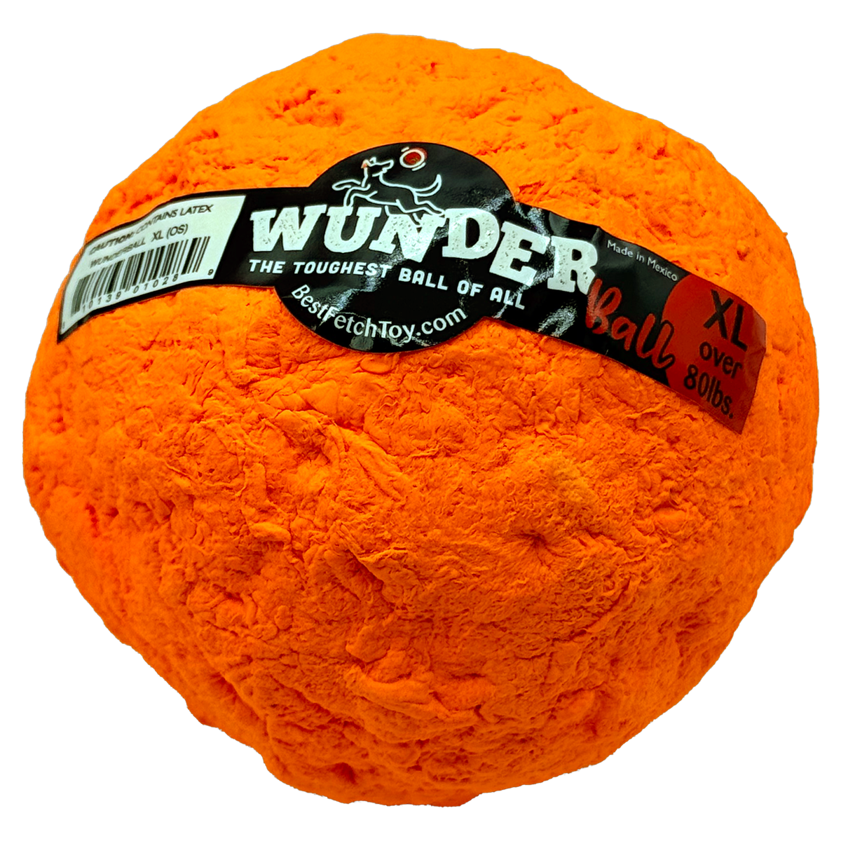 Fetch toy ball, bright orange textured exterior with WUNDER logo label