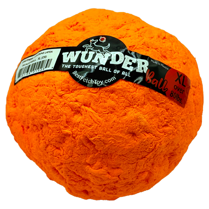 Fetch toy ball, bright orange textured exterior with WUNDER logo label