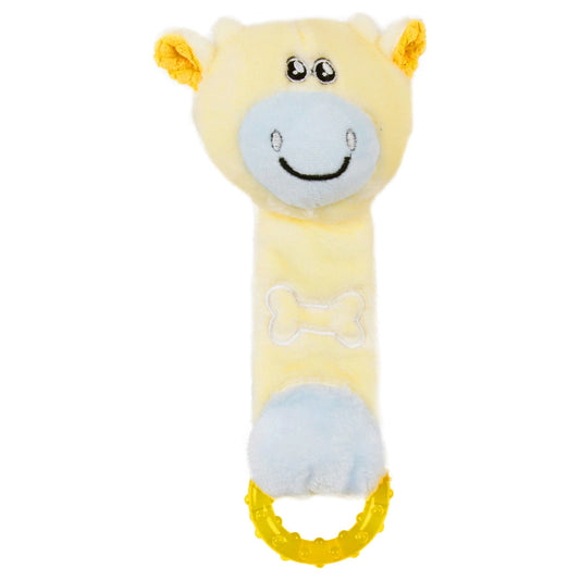 Yellow plush teething toy with smiling face and yellow rubber ring