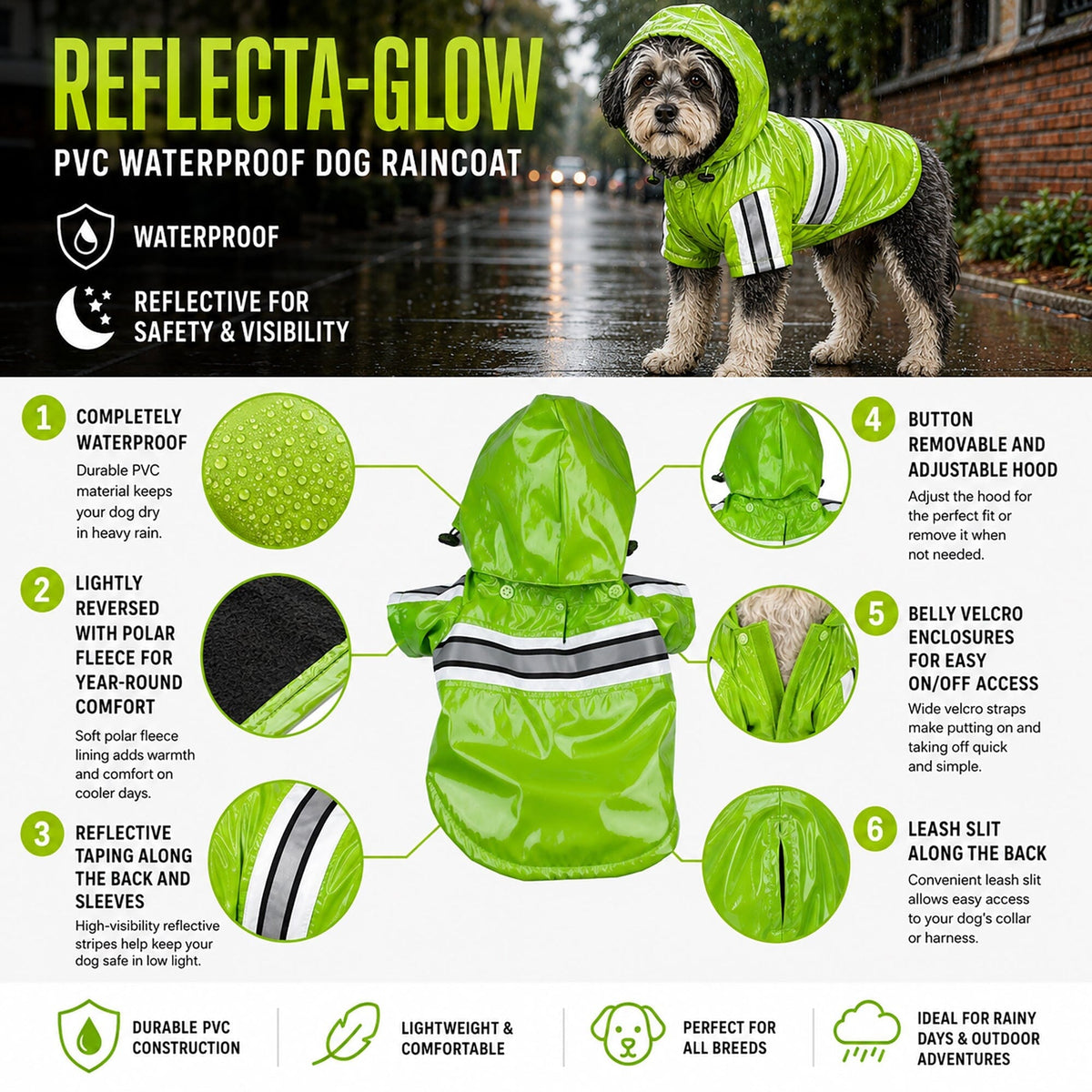 Green reflective dog raincoat diagram with removable hood and wide stripe panels