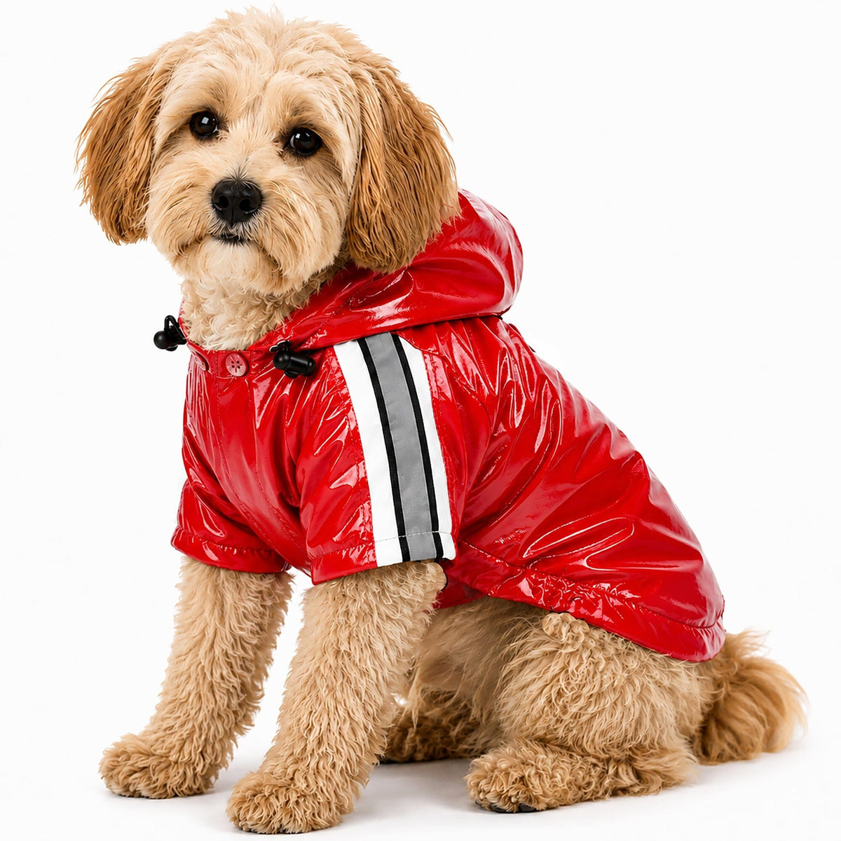 Red waterproof dog raincoat with reflective bands and removable hood, seated pose