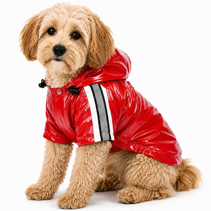 Red waterproof dog raincoat with reflective bands and removable hood, seated pose