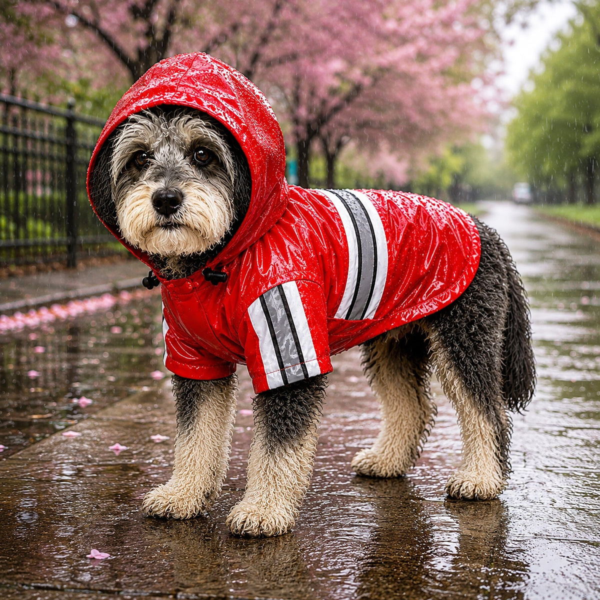 Red reflective waterproof dog raincoat with removable hood and wide stripe detail