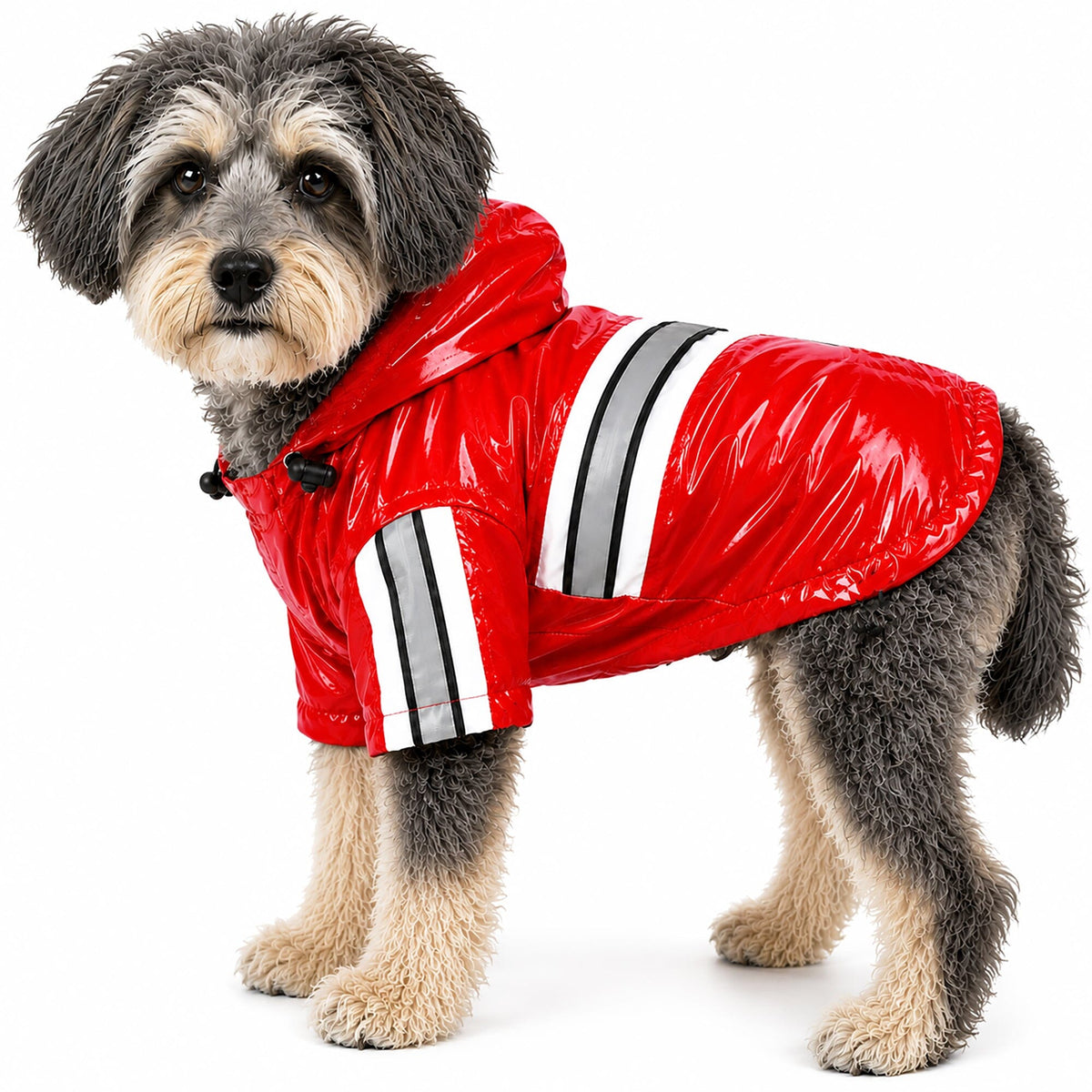 Red waterproof dog raincoat jacket with reflective stripes and adjustable hood