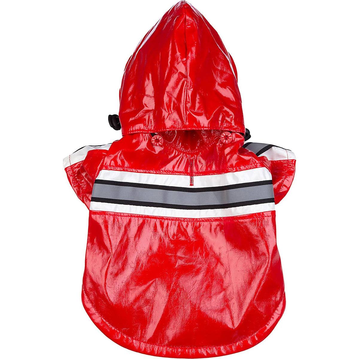 Red waterproof dog raincoat with hood and reflective stripe, back view
