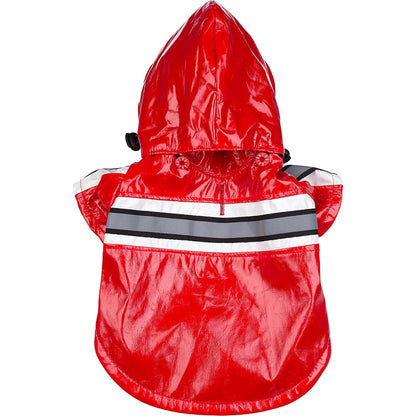 Red waterproof dog raincoat with hood and reflective stripe, back view