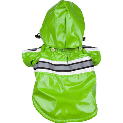 Green waterproof dog raincoat with attached hood and reflective stripe band on back