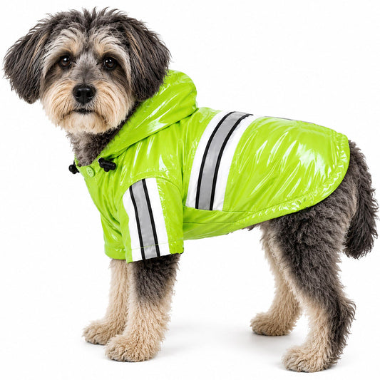 Green waterproof dog raincoat jacket with reflective stripes and adjustable hood