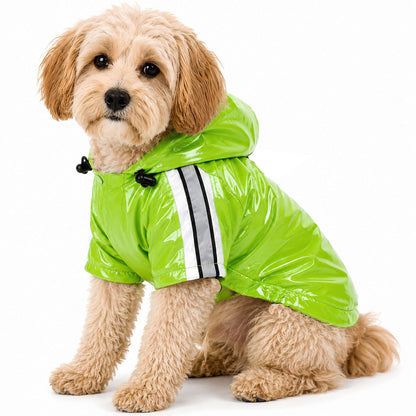 Green waterproof dog raincoat with reflective bands and removable hood, front view