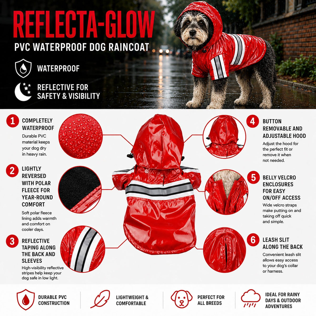 Red reflective dog raincoat diagram with removable hood and stripe reflector panels