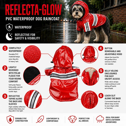 Red reflective dog raincoat diagram with removable hood and stripe reflector panels
