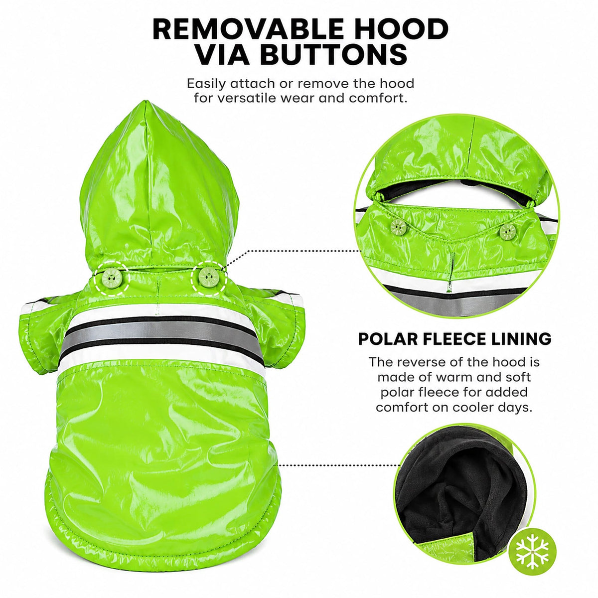 Green raincoat with removable hood buttons and black-lined hood opening detail