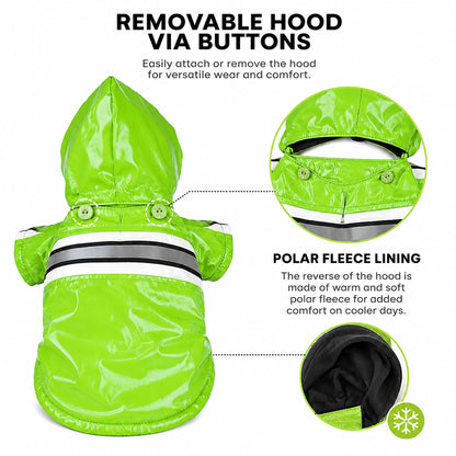 Green raincoat with removable hood buttons and black-lined hood opening detail