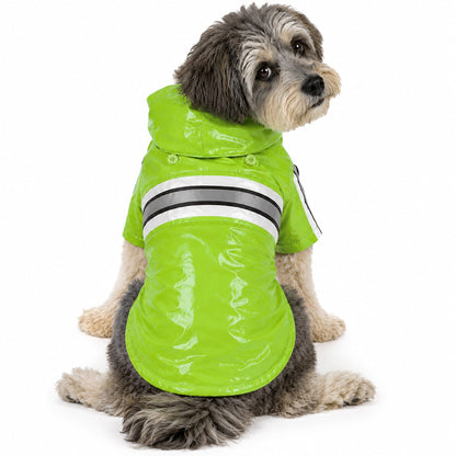 Green waterproof dog raincoat with reflective stripe bands and attached hood, back view