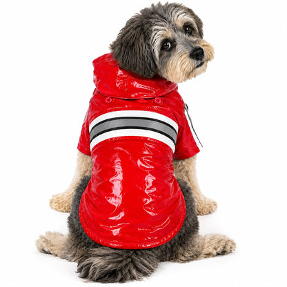 Red reflective waterproof dog raincoat with hood and adjustable straps on dog