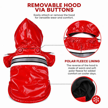 Red waterproof dog raincoat with removable hood via buttons and reflective bands
