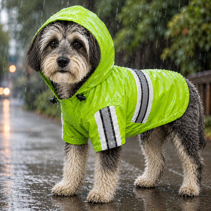 Green waterproof dog raincoat with reflective bands and hood, standing pose