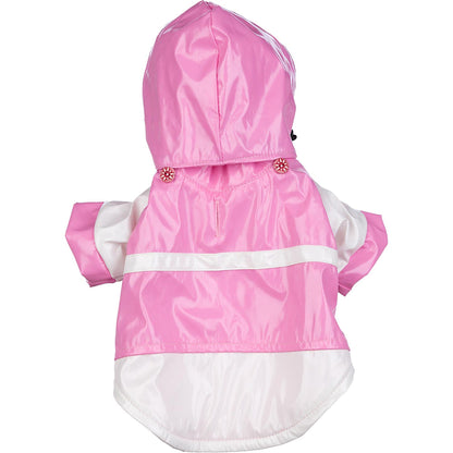 Back view of two-tone pink and white dog raincoat with hood and reflective stripe