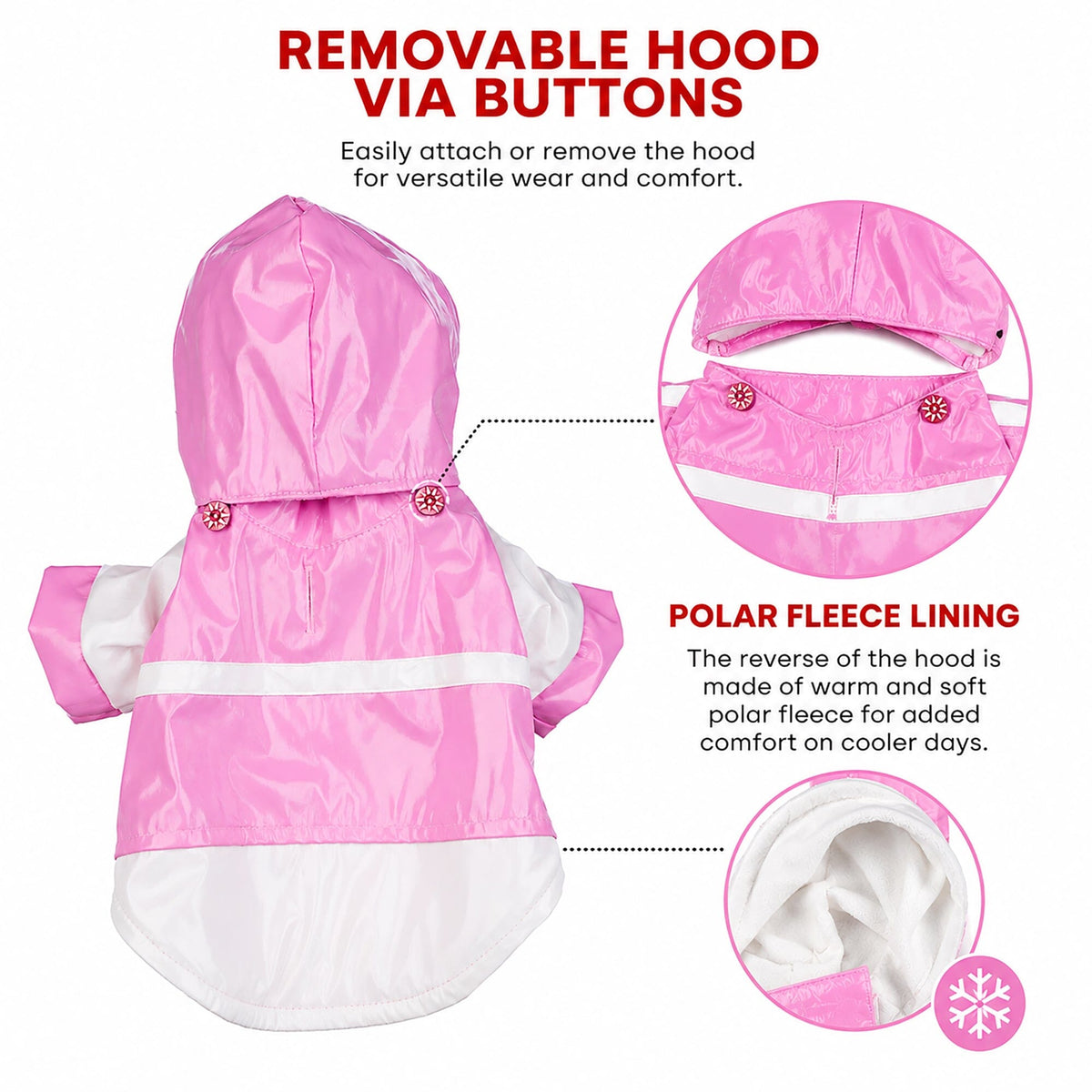 Removable hood dog raincoat with pink polar fleece lining and button closure
