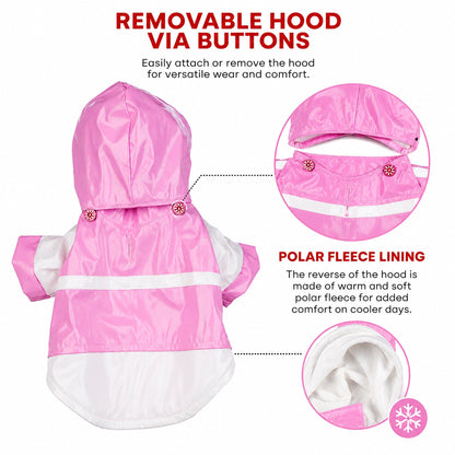 Removable hood dog raincoat with pink polar fleece lining and button closure