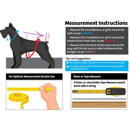 Dog measurement guide diagram for girth and length with ruler/tape instructions