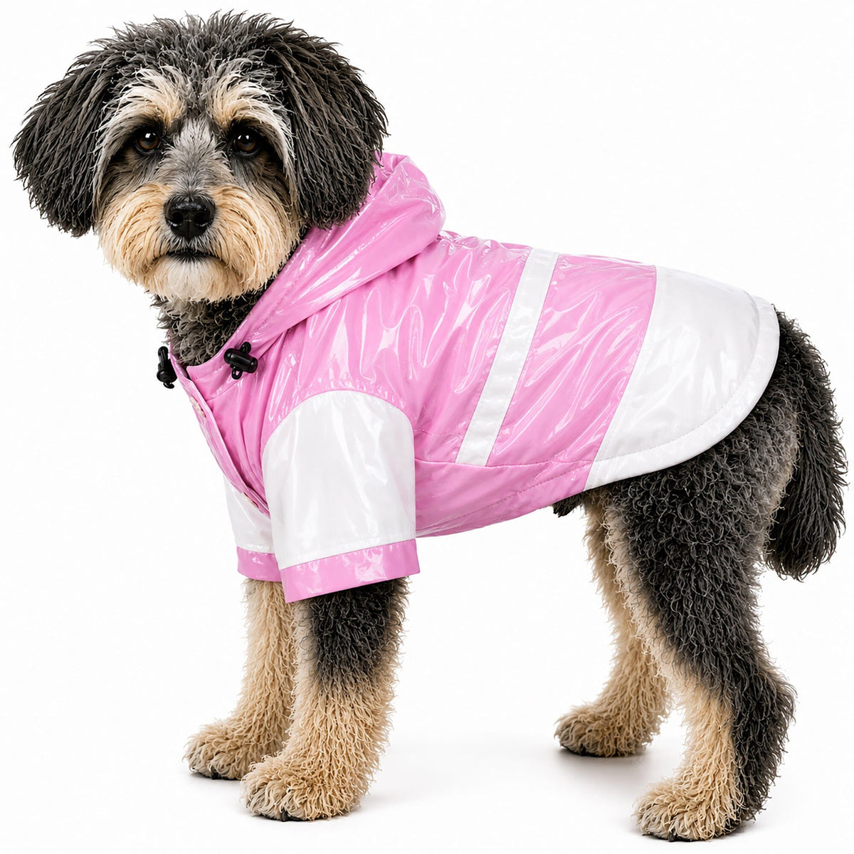 Two-tone pink and white waterproof dog raincoat with removable hood and snap fasteners